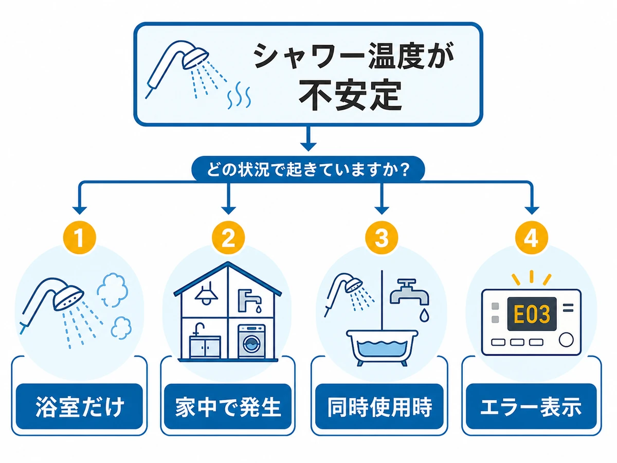 シャワーの温度が不安定な時に浴室だけか家中かを確認する流れ