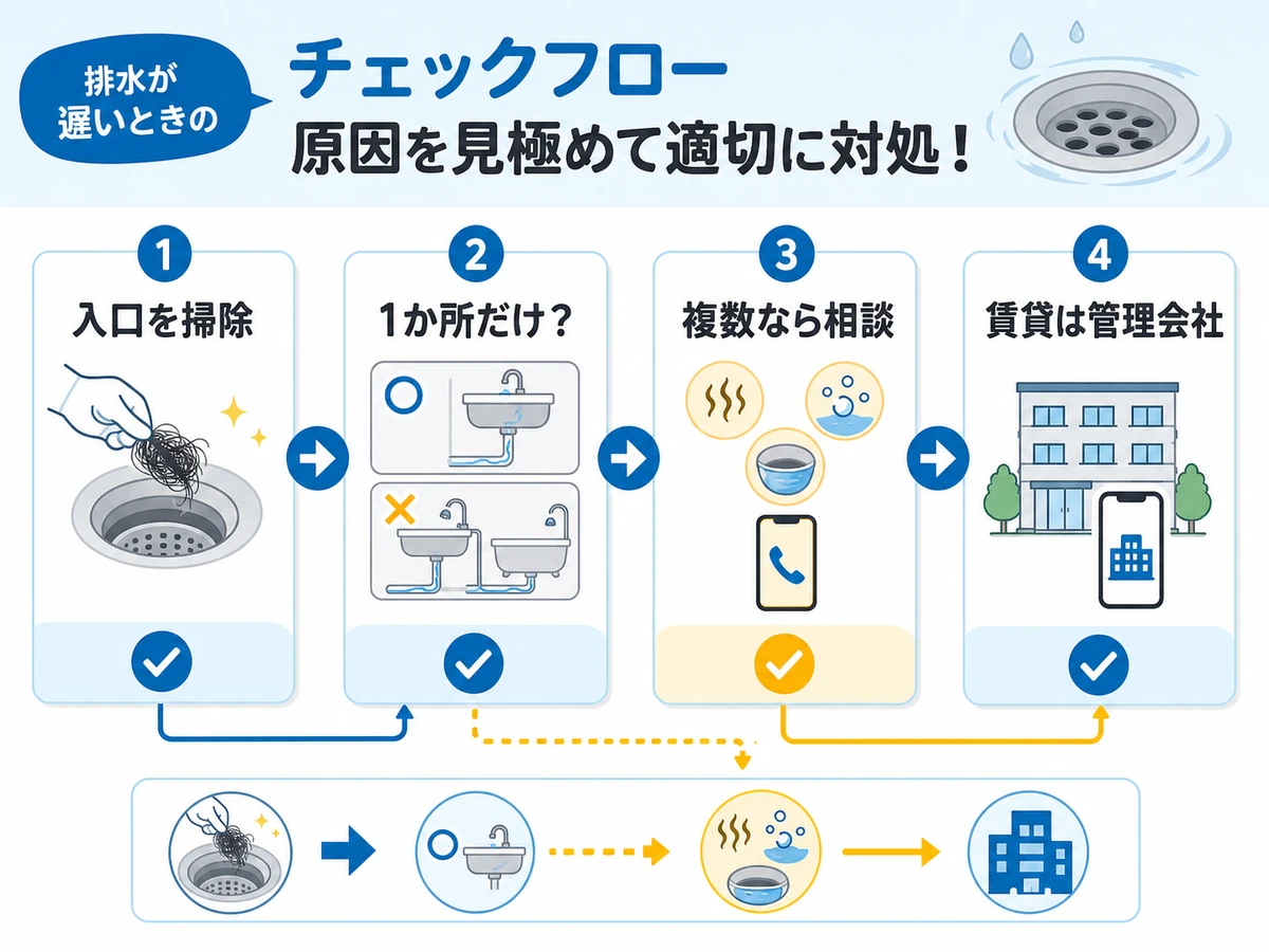 排水が遅いときの確認順を入口掃除から相談先まで示すチェックフロー