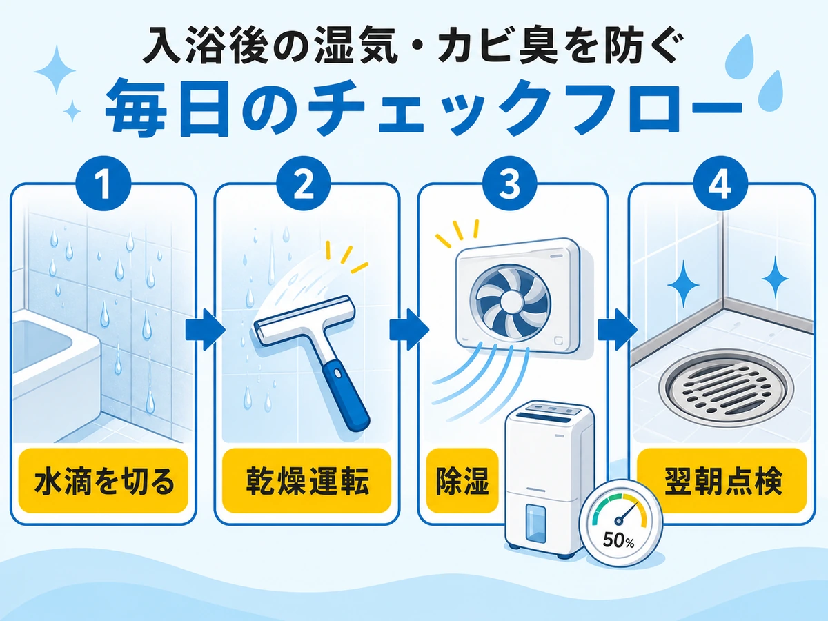 入浴後に水滴を切り、乾燥運転、除湿、翌朝点検へ進むチェックフロー