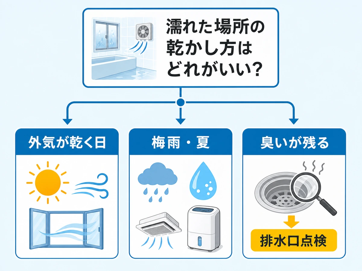外気が乾く日、梅雨・夏、臭いが残る場合で乾かし方を選ぶ判断チャート