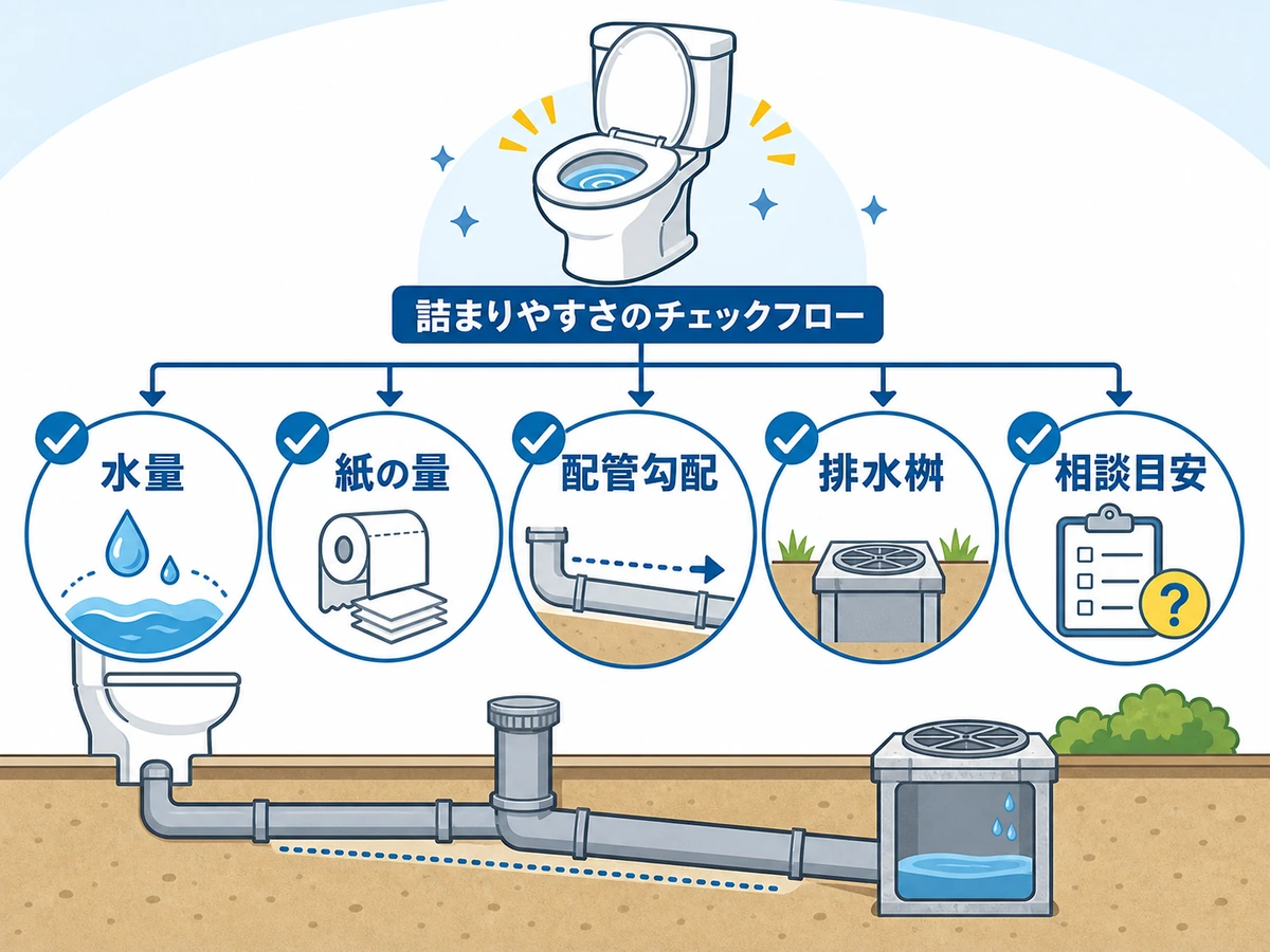 節水型トイレで詰まりやすい時の水量、紙の量、配管勾配、排水桝、相談目安の確認フロー