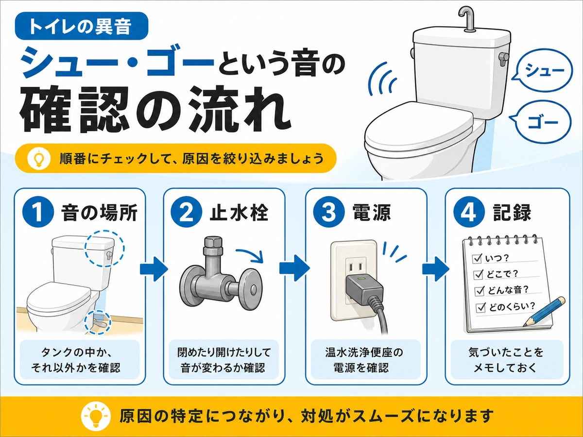 トイレの異音を音の場所、止水栓、電源、記録の順に確認する図