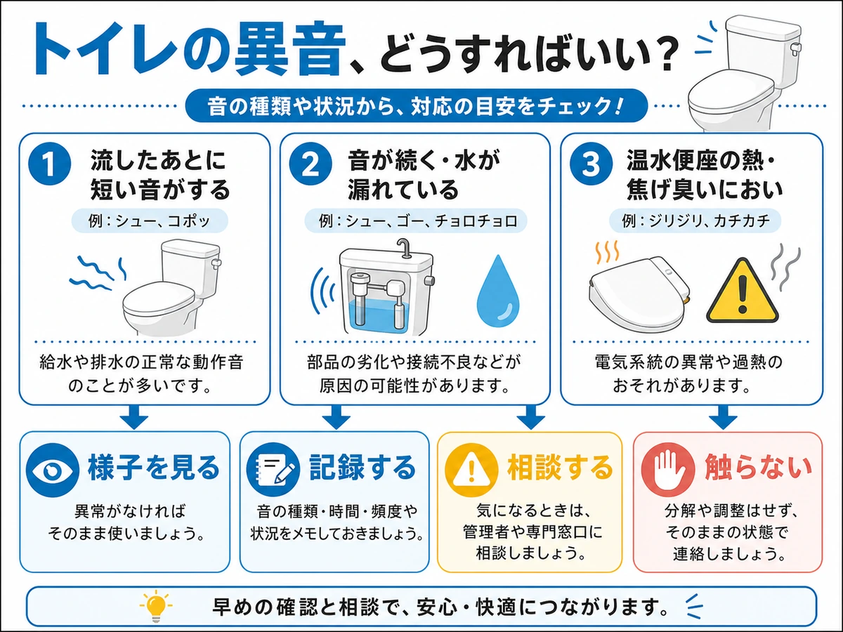 トイレの異音で様子を見る、記録する、相談する、触らない判断を示す図