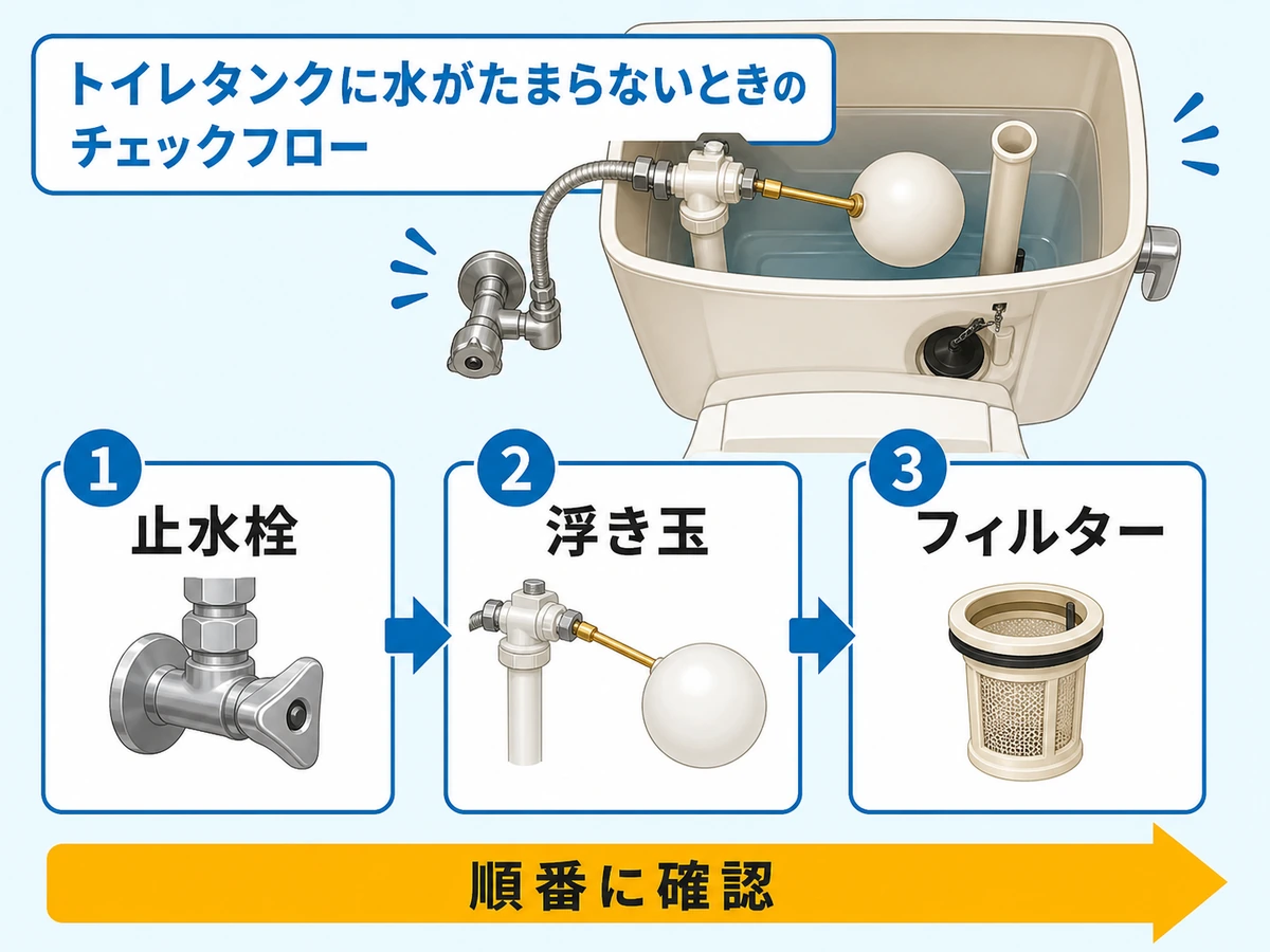 トイレタンクに水がたまらない時に止水栓、浮き玉、フィルターを順番に確認する流れ