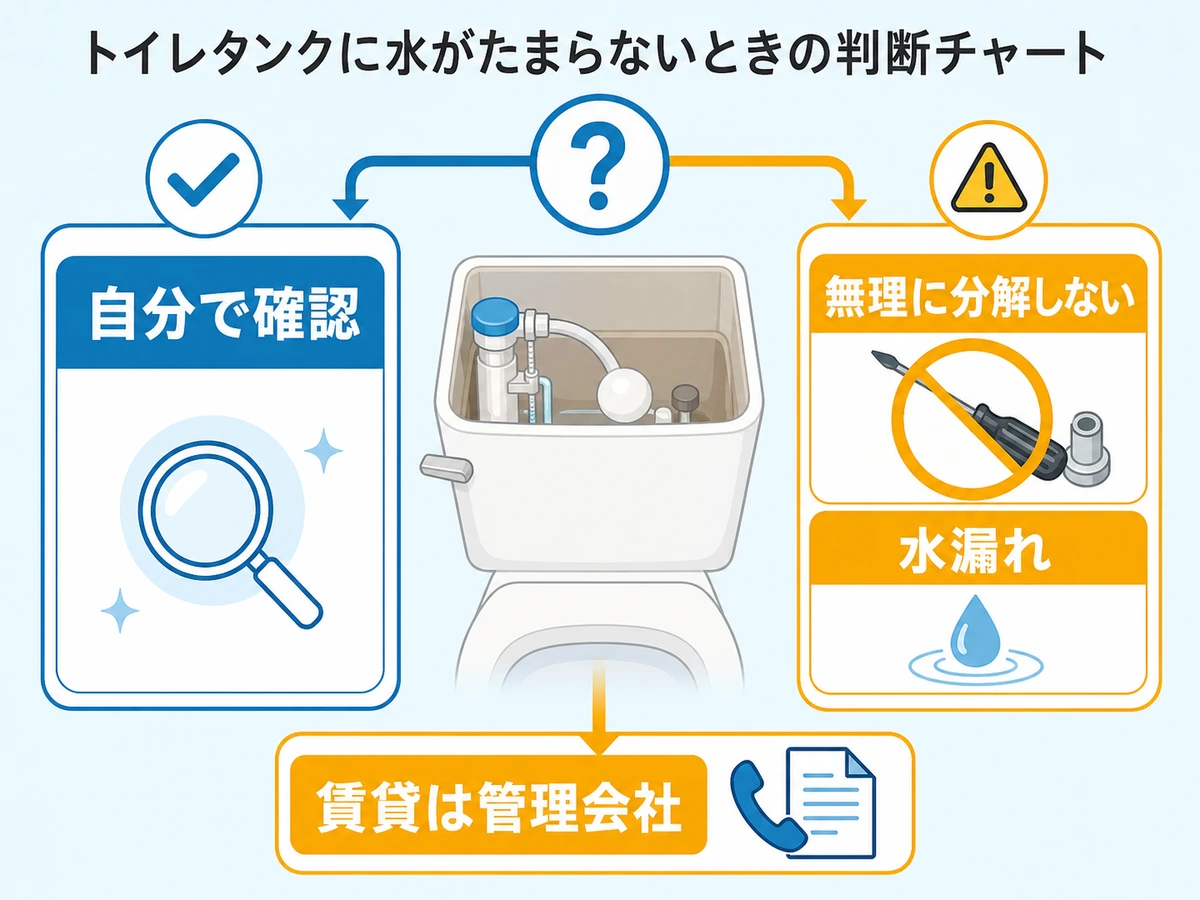 トイレタンクに水がたまらない時に自分で確認する範囲と相談サインを分ける判断図