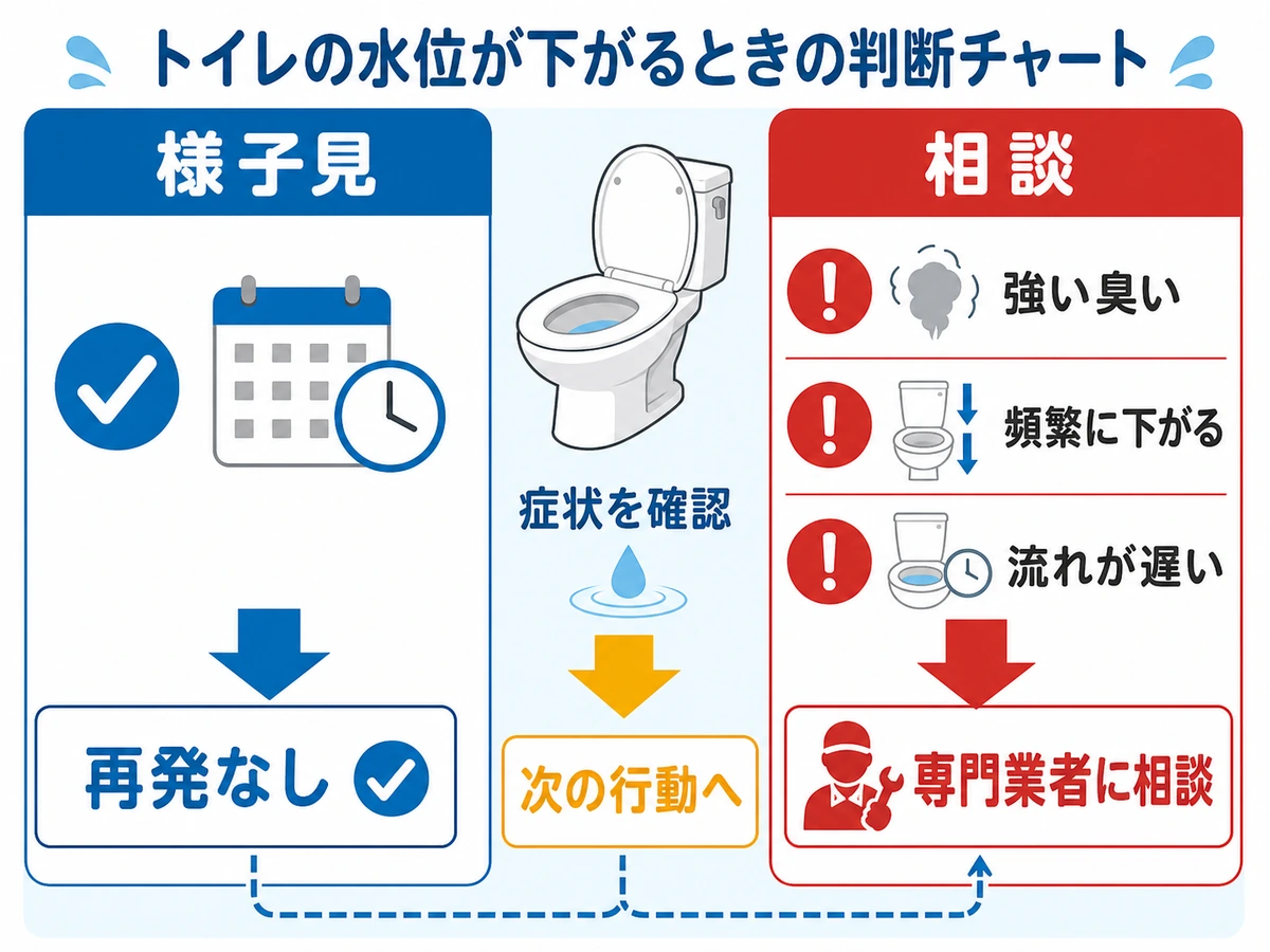 トイレの水位低下で様子見か相談かを判断する図