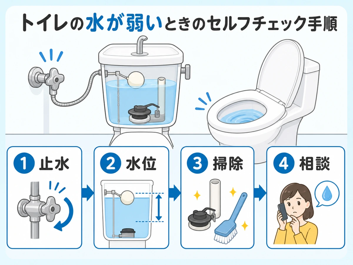 トイレの流れが弱い時の止水・水位・掃除・相談の確認フロー