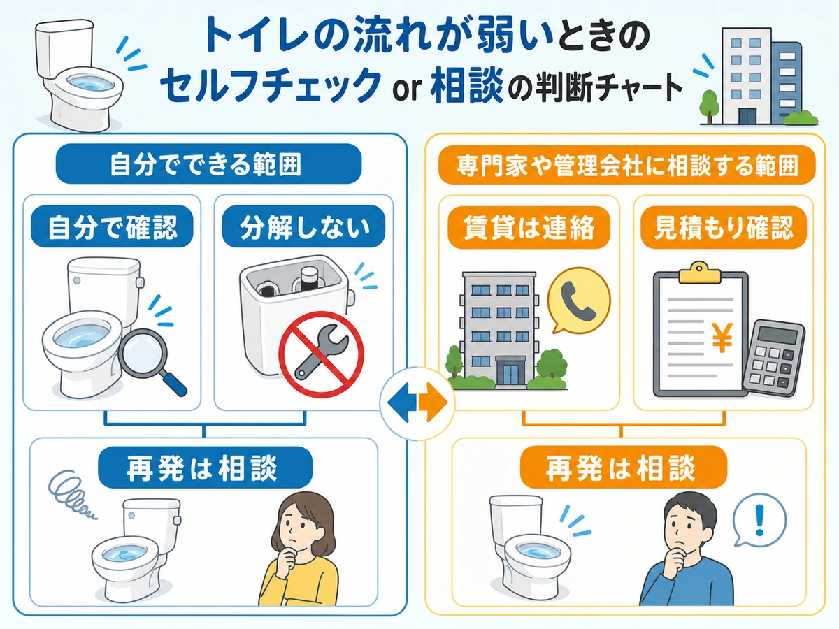 トイレの流れが弱い時に自分で確認する範囲と相談する範囲の判断チャート