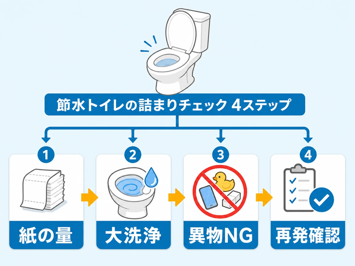 節水型トイレの詰まりを防ぐ紙の量、大洗浄、異物NG、再発確認の流れ