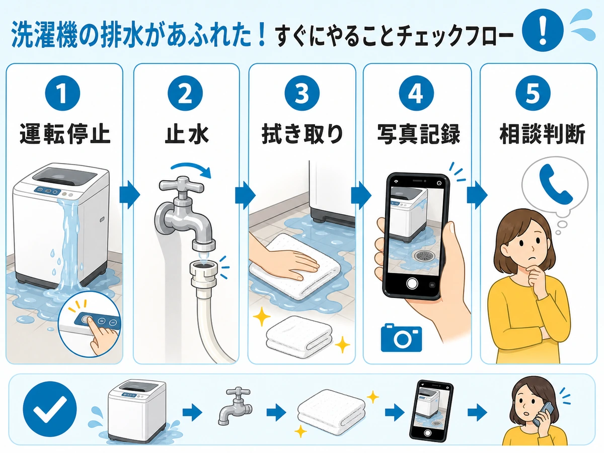 洗濯機の排水があふれた直後の応急処置フロー
