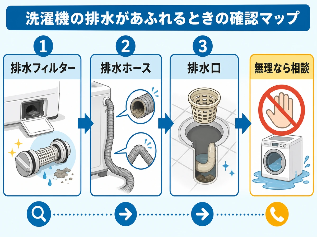 洗濯機の排水あふれ原因を確認する順番