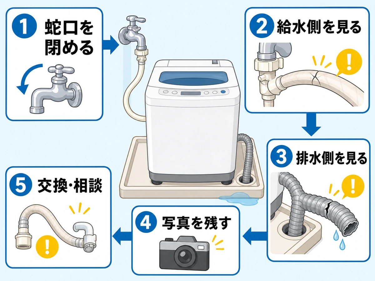 洗濯機ホースの給水側と排水側を確認する流れを示す図解