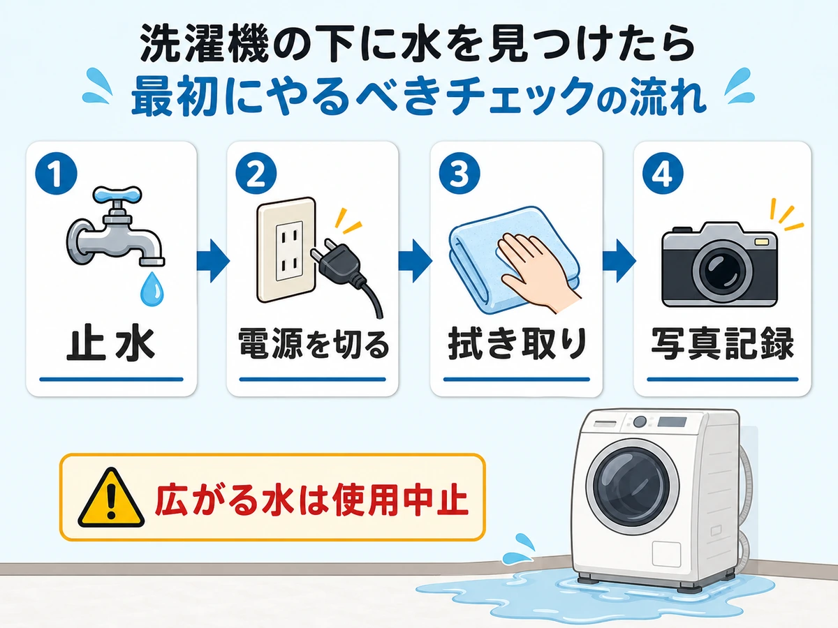洗濯機の下に水を見つけたときの止水、電源、拭き取り、写真記録の流れ