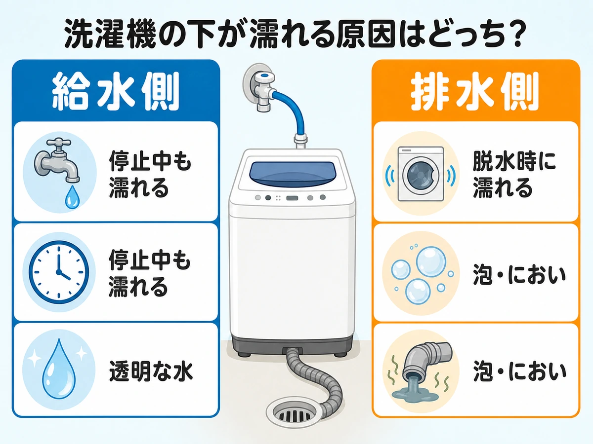 洗濯機の給水側と排水側の水漏れサインを比較する図解