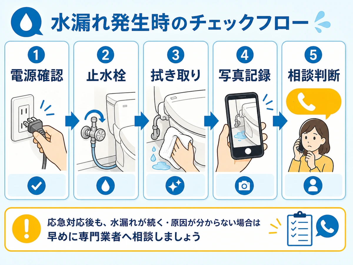 ウォシュレット水漏れ発生時の電源確認、止水、拭き取り、写真記録、相談判断の流れ