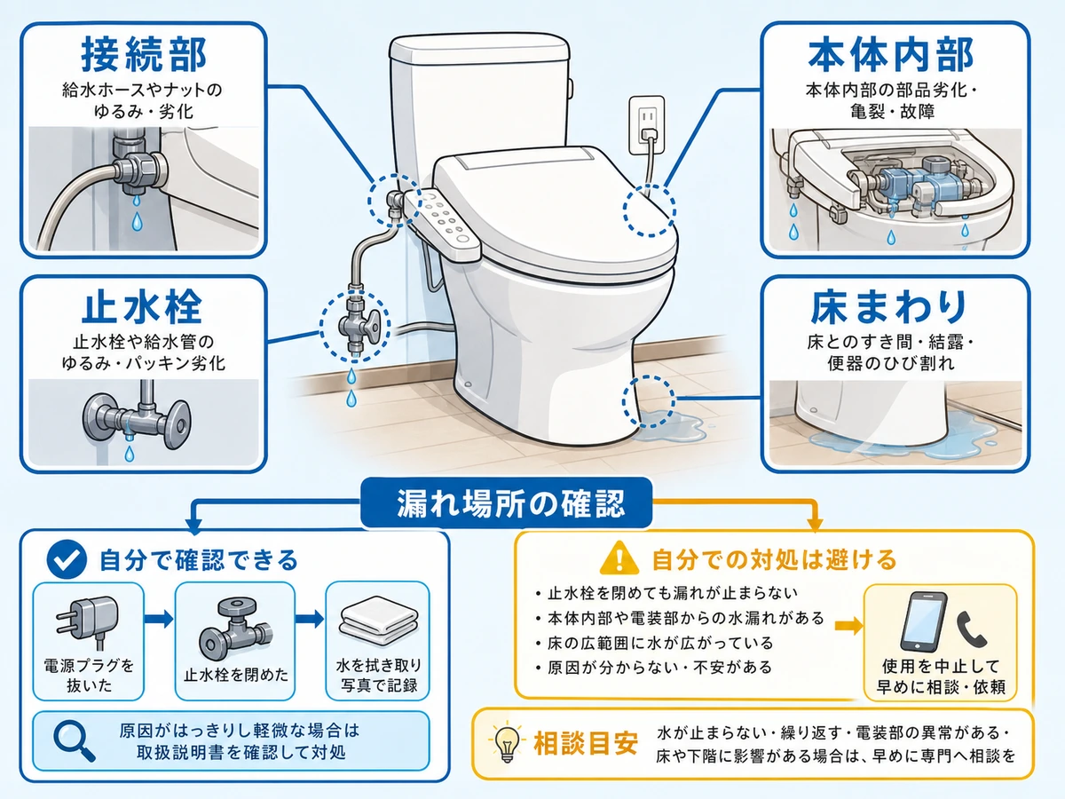 ウォシュレット水漏れの接続部、本体内部、止水栓、床まわりの確認箇所と相談目安