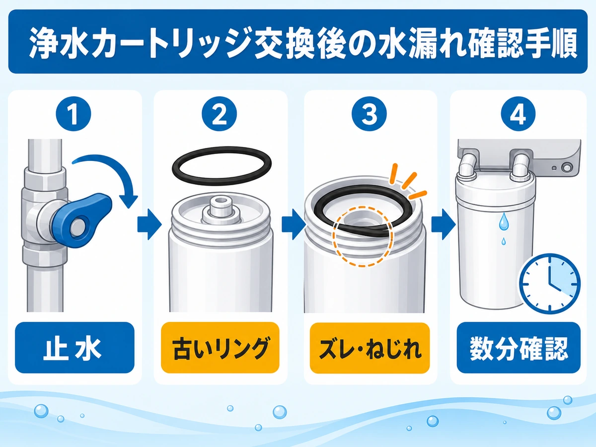 浄水器カートリッジ交換後の水漏れ確認手順