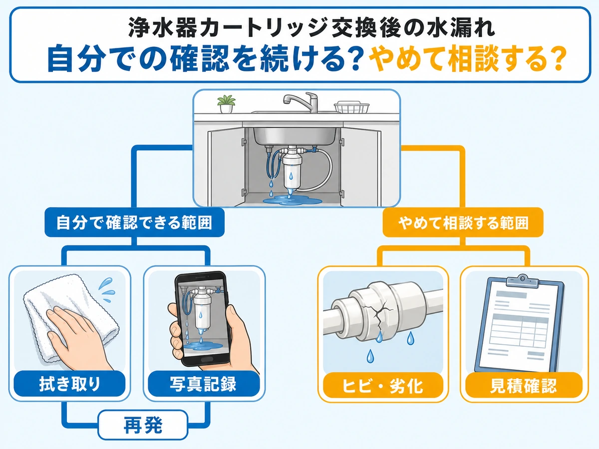 浄水器カートリッジ交換後の水漏れ相談判断チャート
