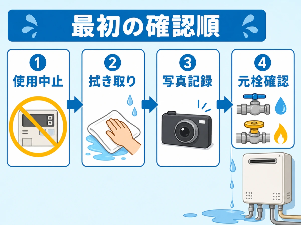 給湯器まわりの濡れを見つけたときの使用中止、拭き取り、写真記録、元栓確認の順番