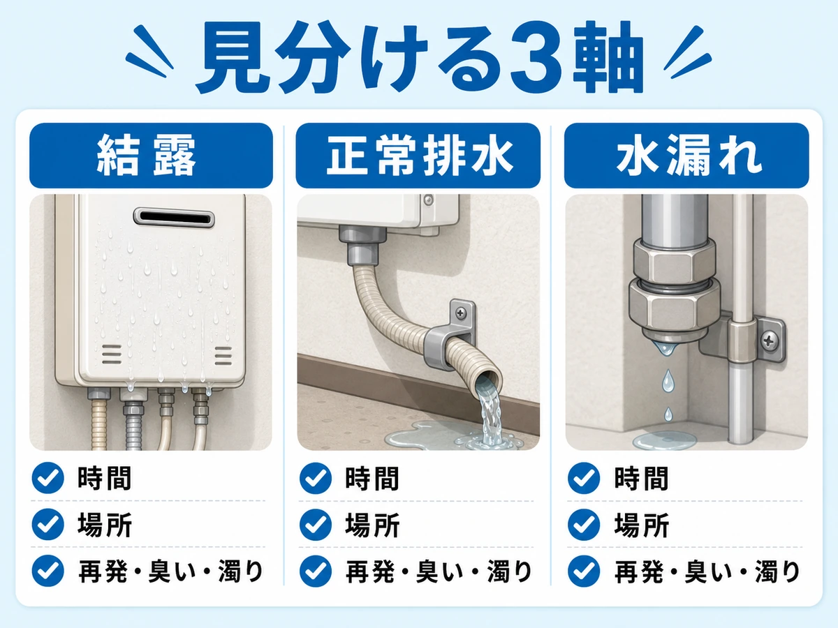給湯器まわりの濡れを結露、正常排水、水漏れの3軸で比べる図解