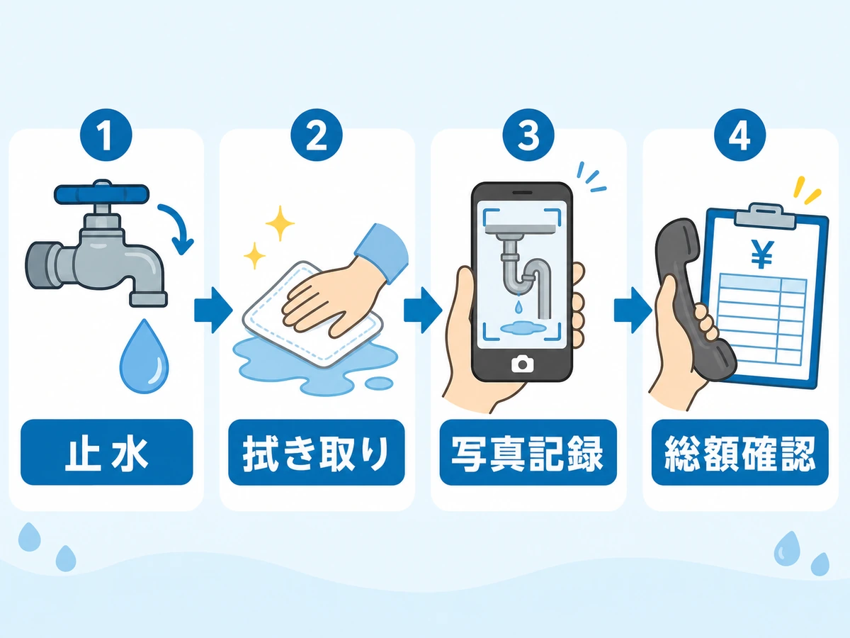 水漏れ時に止水、拭き取り、写真記録、総額確認を行う順番