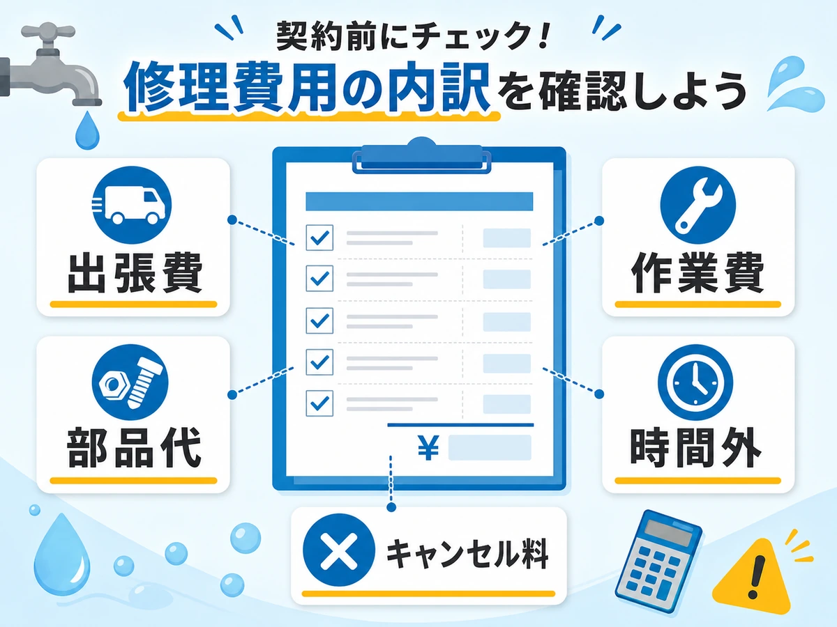 水道修理の見積書で出張費、作業費、部品代、時間外、キャンセル料を確認する図
