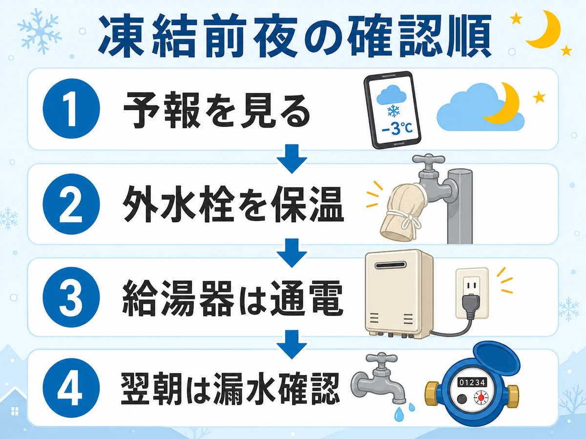 凍結前夜に予報、外水栓の保温、給湯器の通電、翌朝の漏水確認を順に示す図解