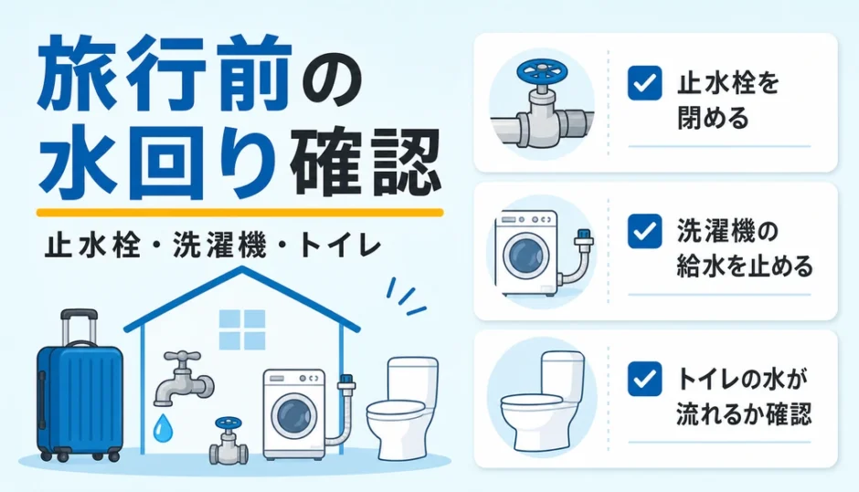 旅行前の水回りチェックで止水栓・洗濯機・トイレを確認するイメージ