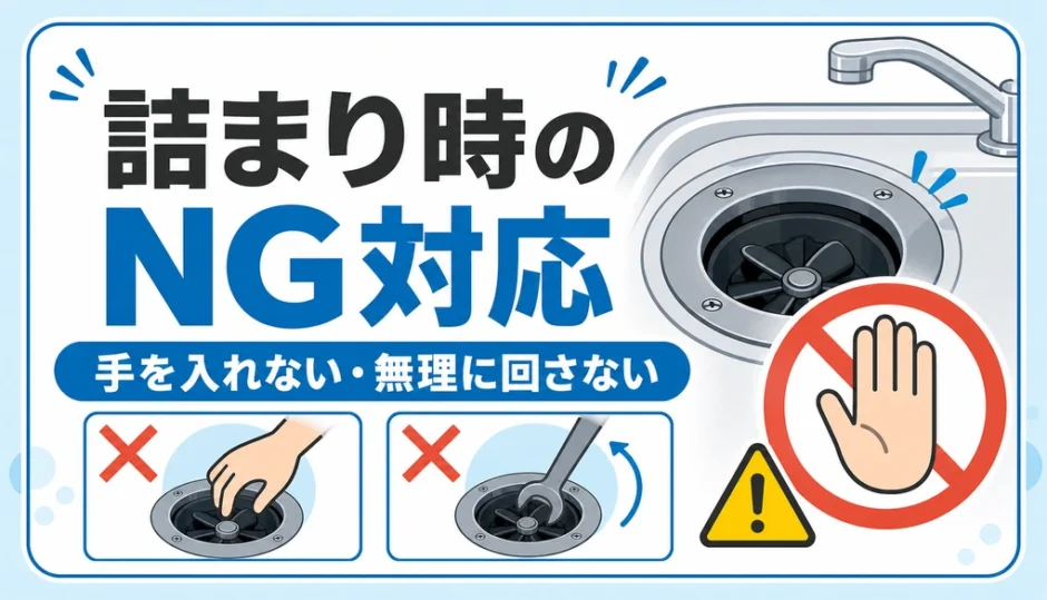 ディスポーザー詰まり時のNG対応と安全確認を示すサムネイル