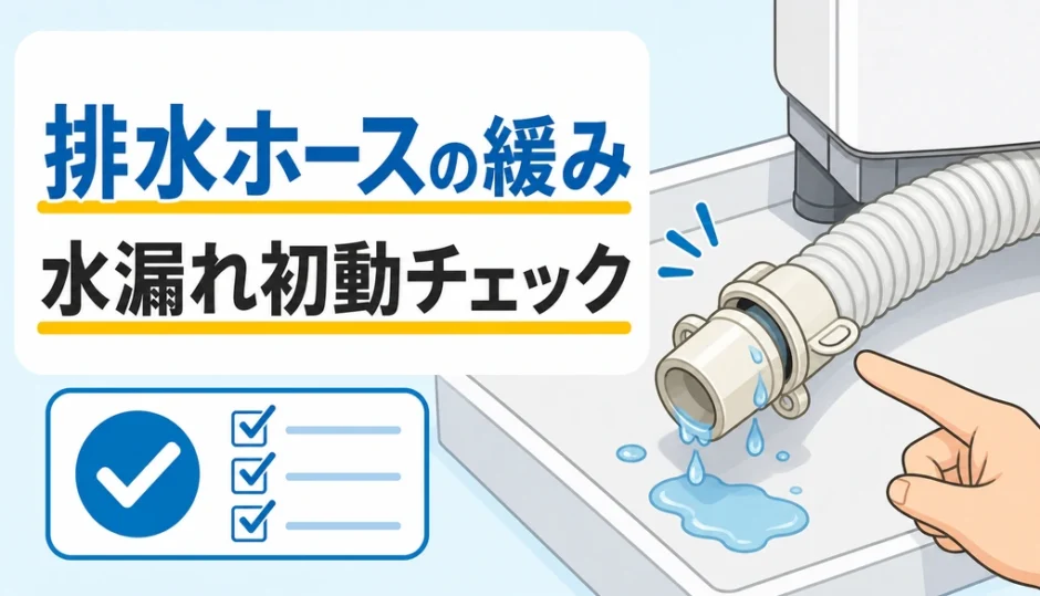 排水ホースの緩みと水漏れ初動チェックを示す図解