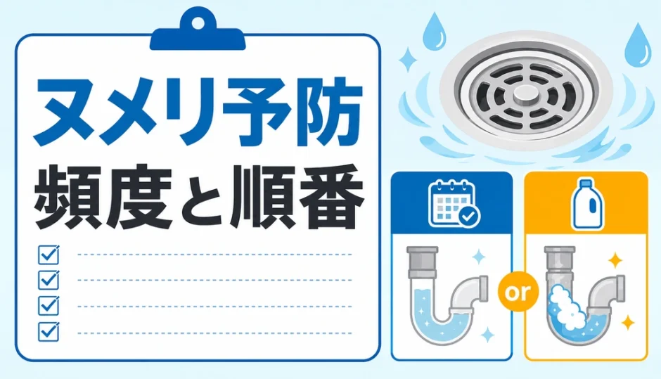 排水口のヌメリ予防は頻度と順番が大切と示す図解