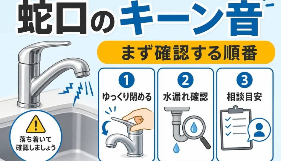 蛇口を閉めた後のキーン音と確認順を示す図解