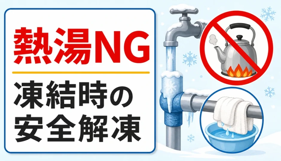凍結した水道管で熱湯を避け安全に解凍する判断を示す図