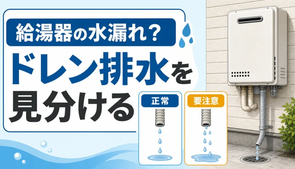 給湯器の水漏れとドレン排水の見分け方を示す図解