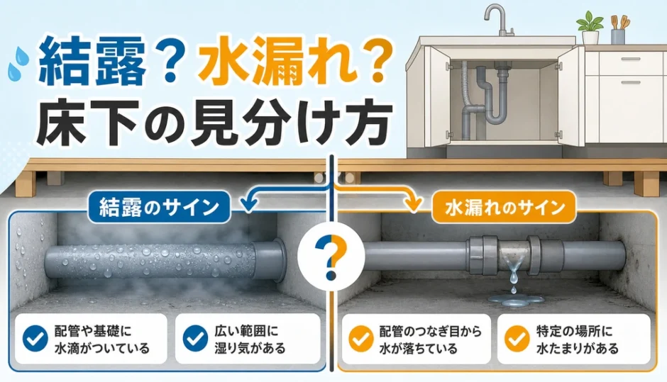 キッチン床下の結露と水漏れを比較する図解