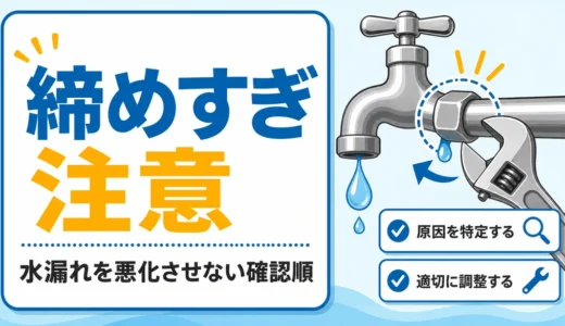 蛇口やナットの締めすぎに注意し、水漏れを悪化させない確認順を示す図