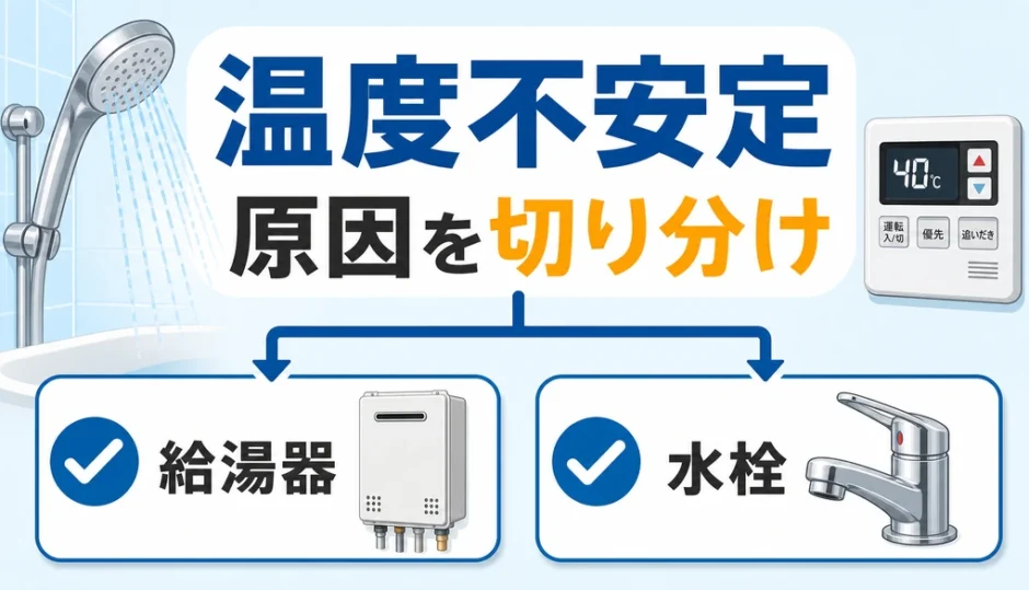 シャワーの温度不安定の原因を給湯器と水栓で切り分ける図