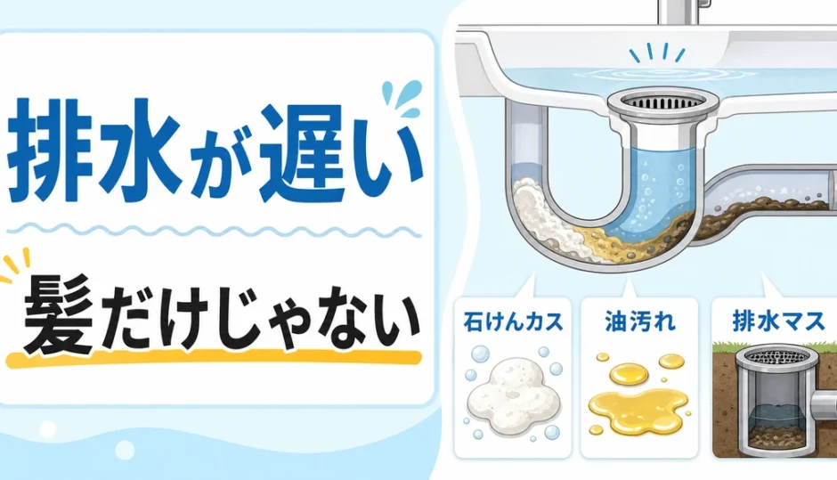 排水が遅い原因は髪だけではないことを示す排水口と3つの原因カード