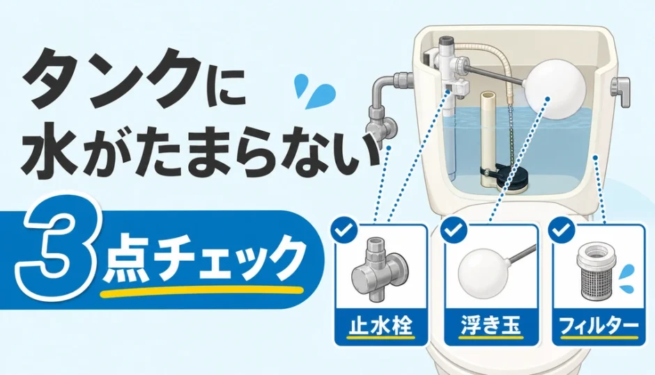 トイレタンクに水がたまらない時の3点チェックを示す図解