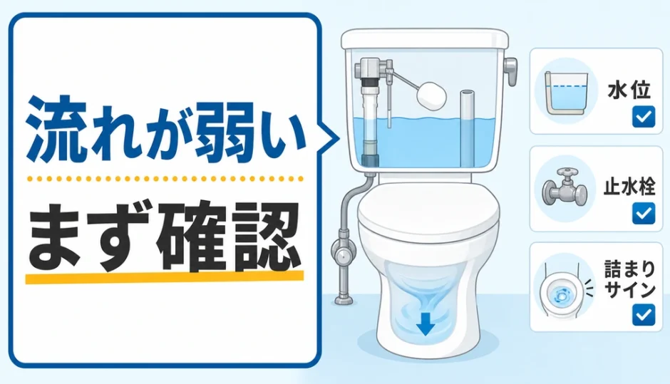 トイレの流れが弱い時に水位・止水栓・詰まりサインを確認するイラスト