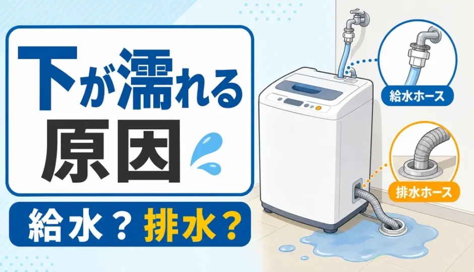洗濯機の下が濡れる原因と給水・排水の見分け方を示す図解
