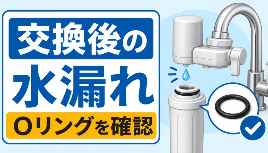 浄水器のカートリッジ交換後の水漏れとOリング確認を示す画像