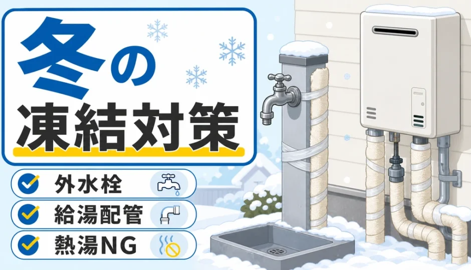冬の水道管凍結対策として外水栓と給湯配管の確認ポイントを示す図解