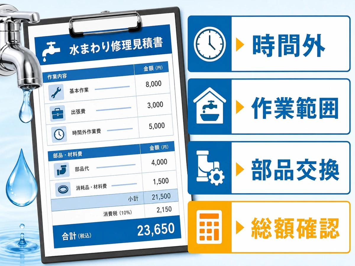 時間外料金・作業範囲・部品交換を分けて確認する説明図