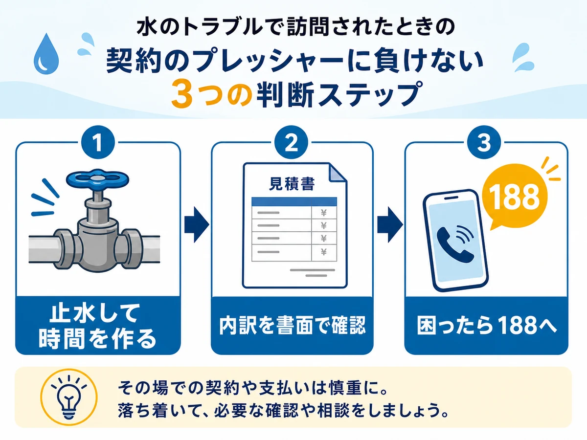 水道修理の契約前に止水、見積書確認、188相談へ進む流れ