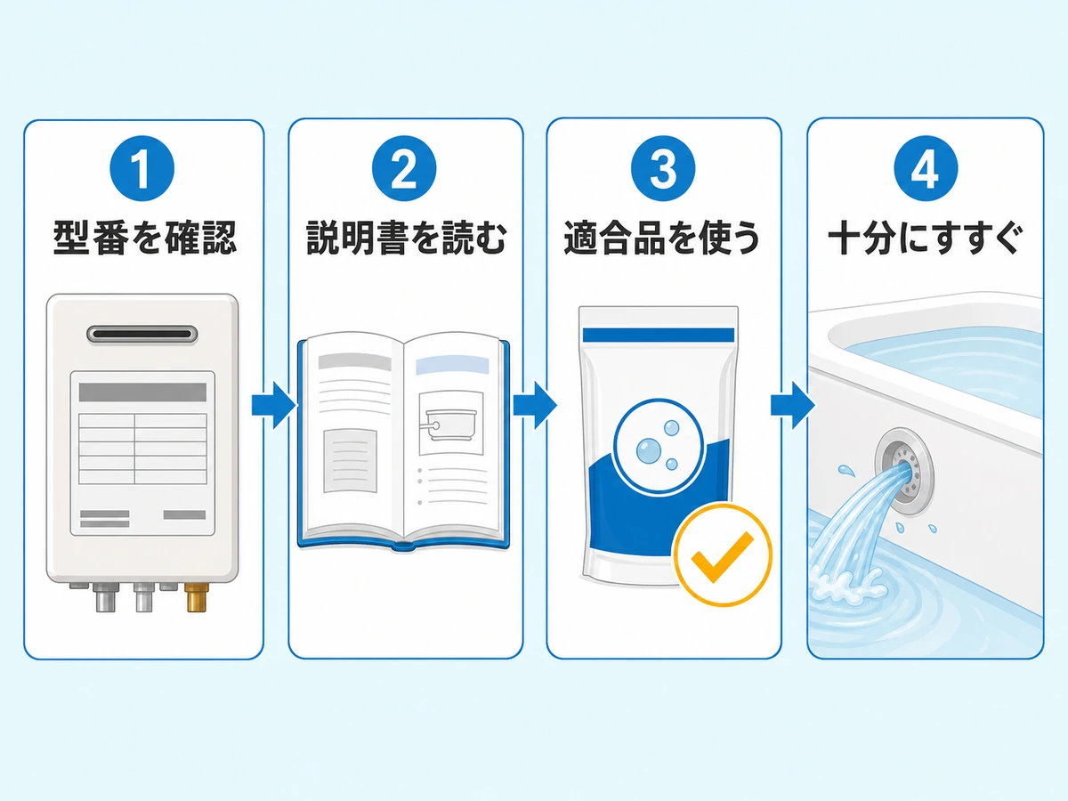 配管洗浄前に型番・説明書・適合品・すすぎを順に確認する図
