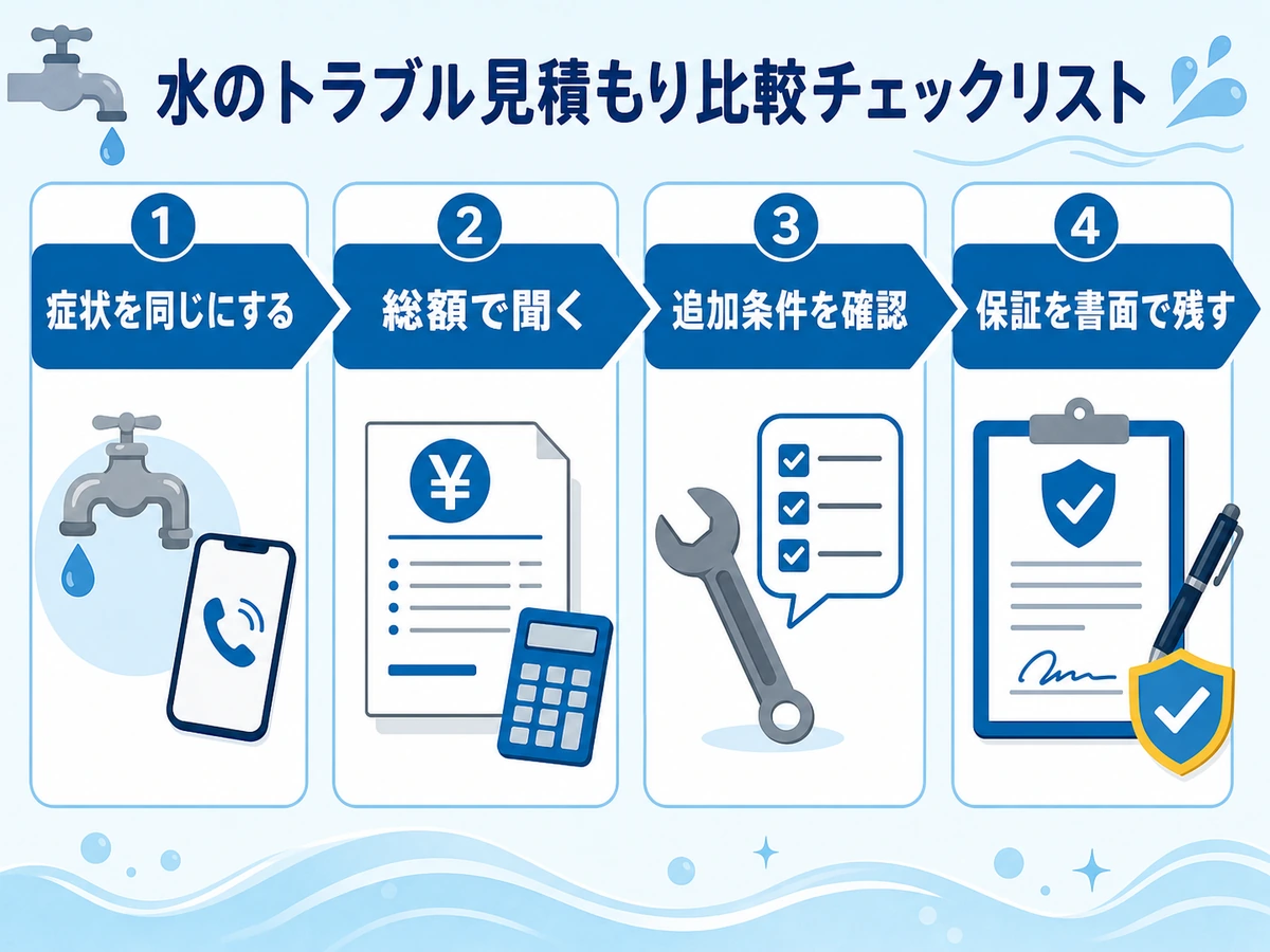 水道修理の相見積もりで症状・総額・追加条件・保証を確認する流れ