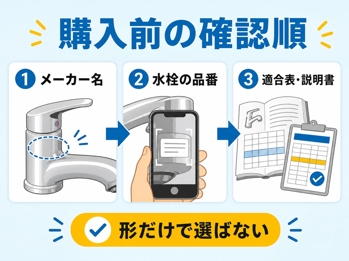 交換部品を買う前にメーカー名、水栓品番、適合表を確認する3段階の図