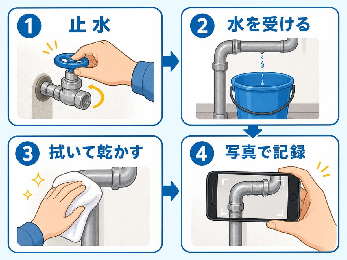 水漏れ時に止水し、水を受け、拭いて写真を撮る4つの初動