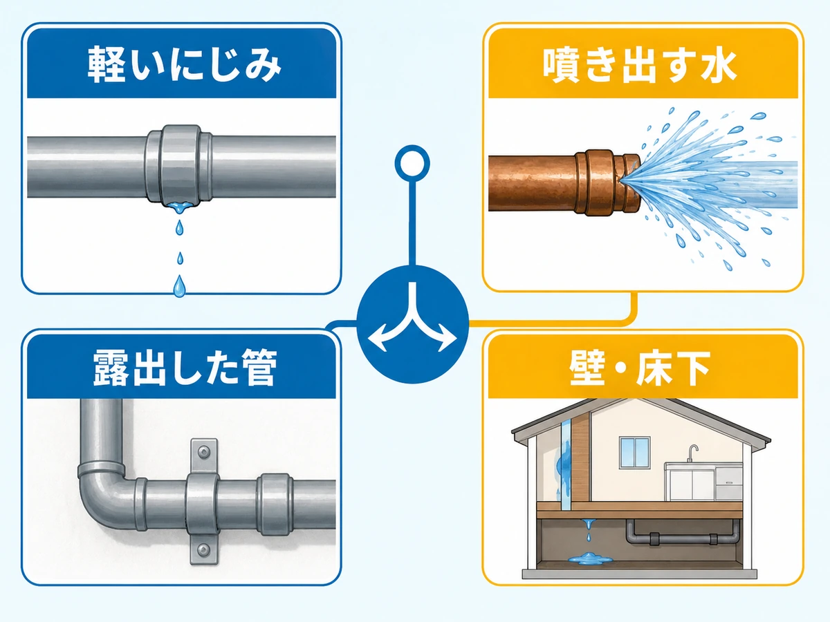 応急処置テープを使える軽いにじみと、使えない噴出・壁内・床下の水漏れ